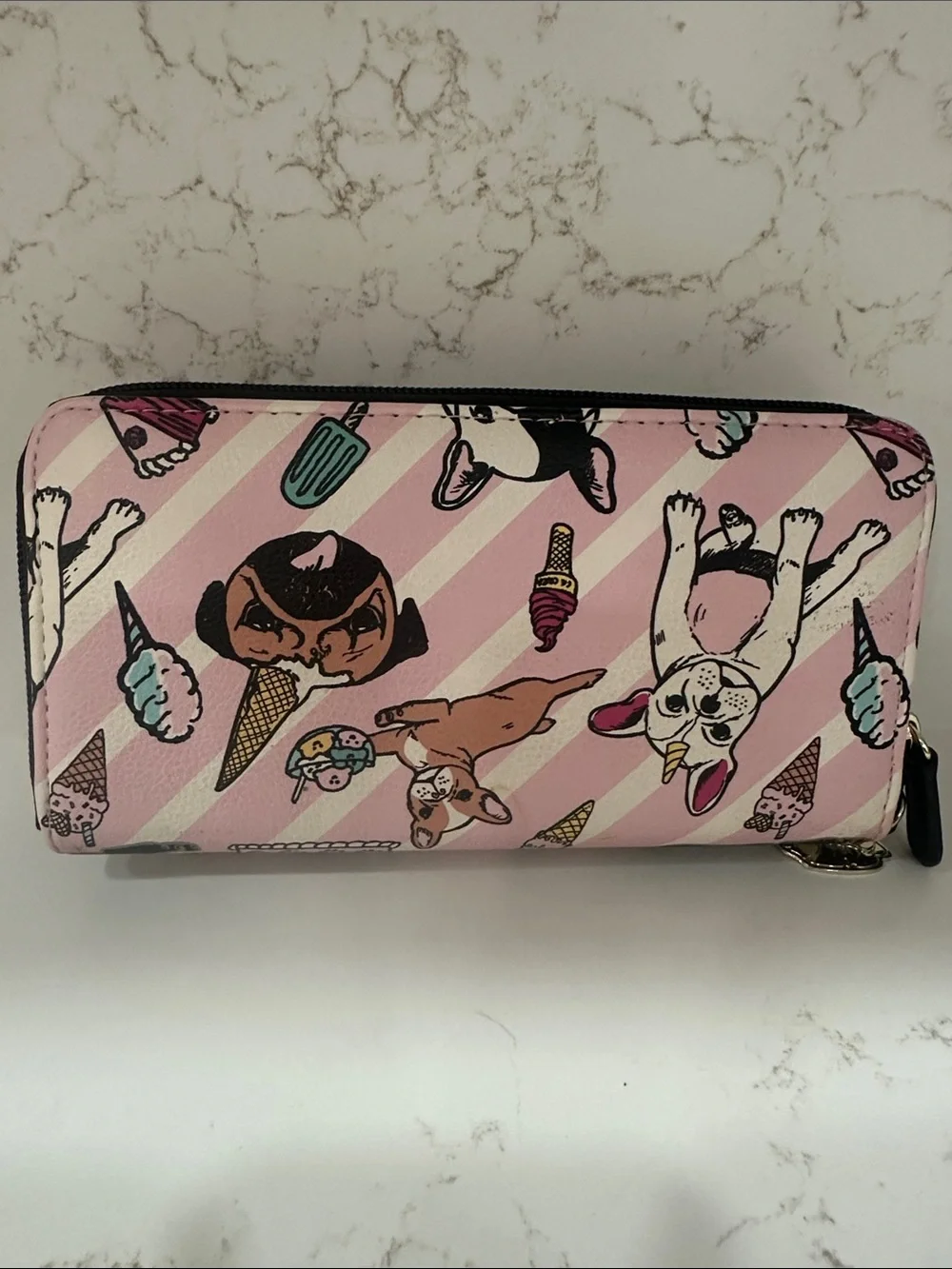 Betsey Johnson Pink Striped Dessert & Pug Zip Wallet